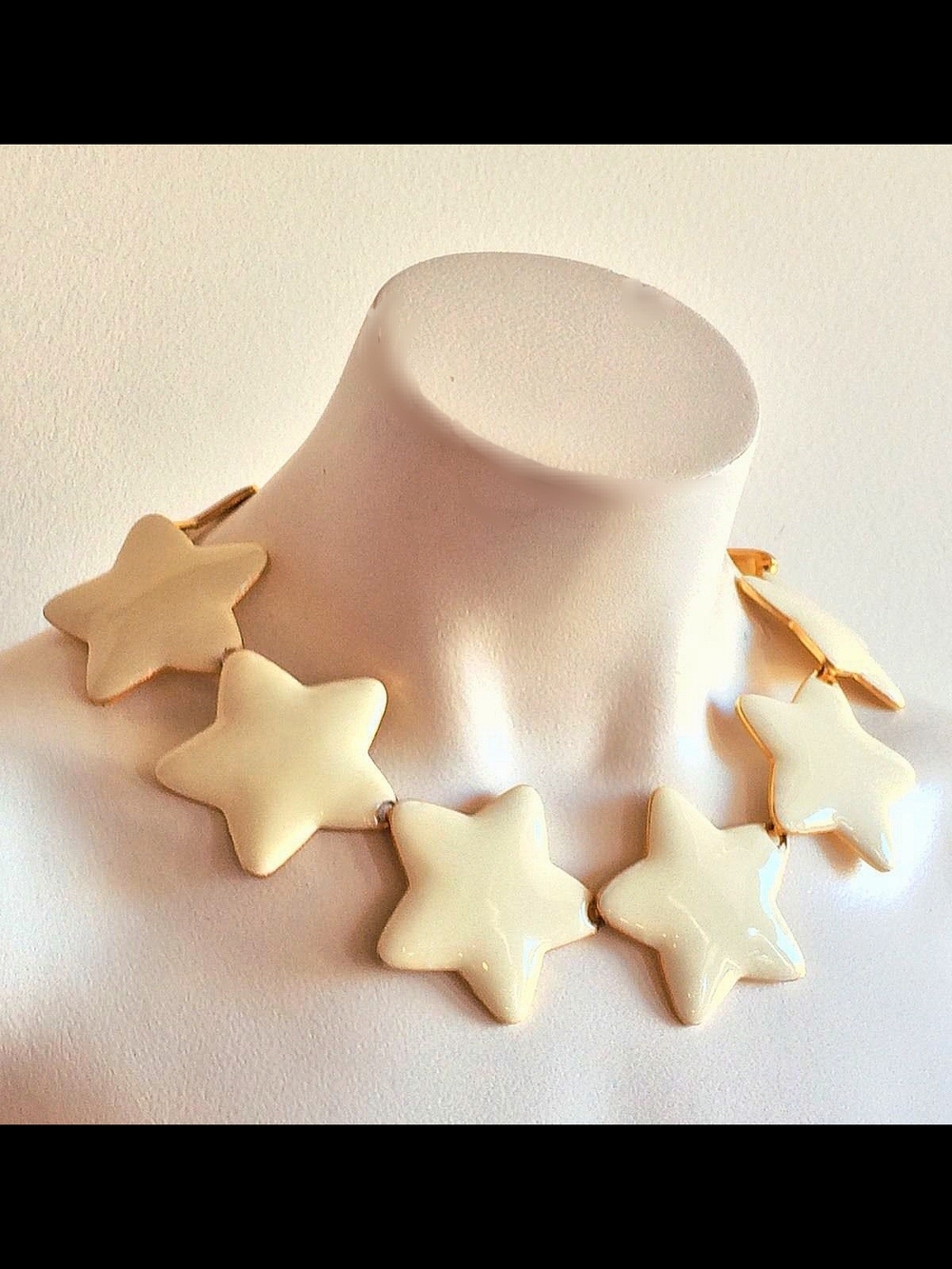 RARE New* Starfish Star Motif Cream Ivory Enamel Gold Lining Statement Necklace